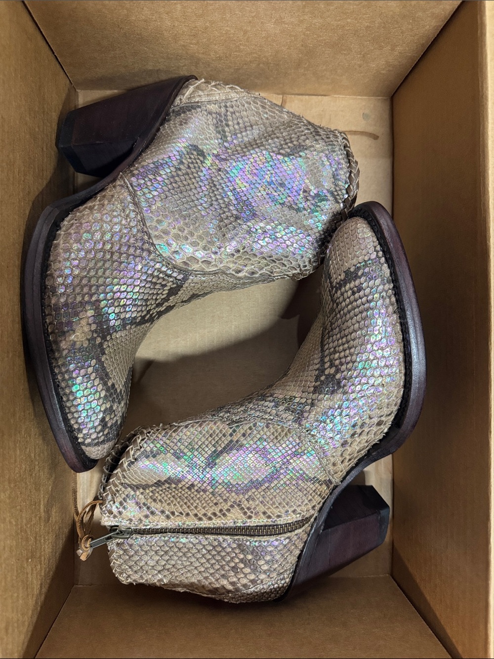 Allen’s Iridescent Snake-Embossed Ankle Booties in Neutral Beige